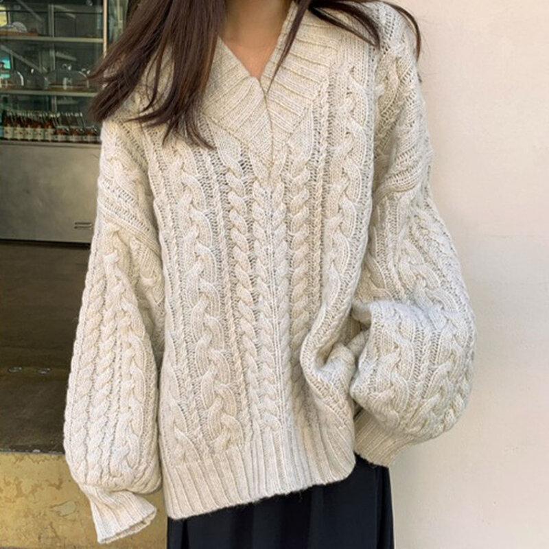 女性のシックな韓国のセーター,人気のセーター,怠惰なスタイル,高品質,vネック,ゆったりとしたツイストニット,冬