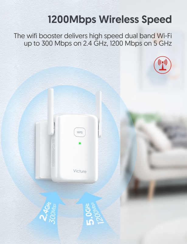 Wzmacniacz WiFi przedłużacz zasięgu z Port sieci Ethernet, AC1200 wzmacniacz sygnału wi-fi Booster, Internet Booster bezprzewodowy z 5GHz /2.4GHz, 1200Mbp