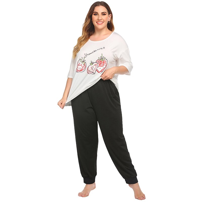 Conjuntos femininos de pijamas plus size, pijamas femininos estampados manga curta casuais folgados