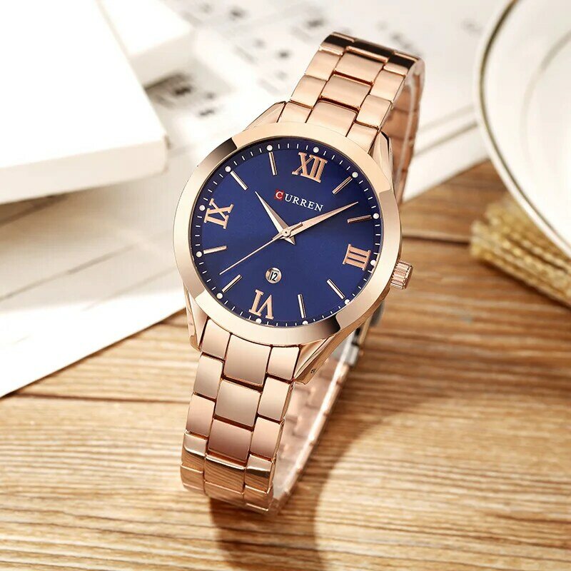 Curren relógio de pulso de ouro rosa feminino, relógio de quartzo para mulheres fashion casual de marca de luxo 9007