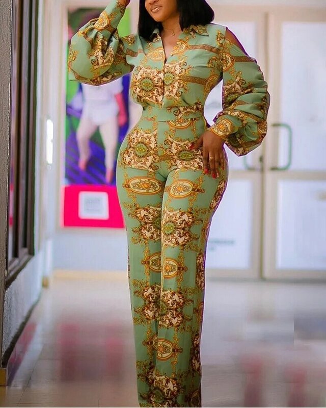 Green Digital Print Sexy Jumpsuit V Neck Long Sleeve One Piece Jumpsuit For Women Fashion Ladies Jumpsuits And Rompers
