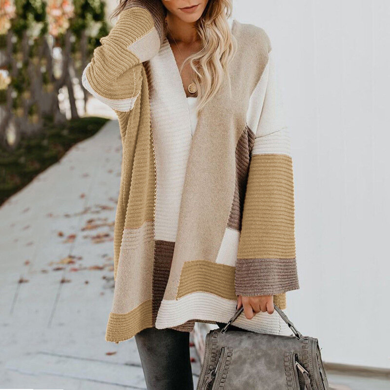 Sweter Baru Musim Panas 2021 Kardigan Sweter Cocok Warna Geometris Longgar Ukuran Besar Wanita