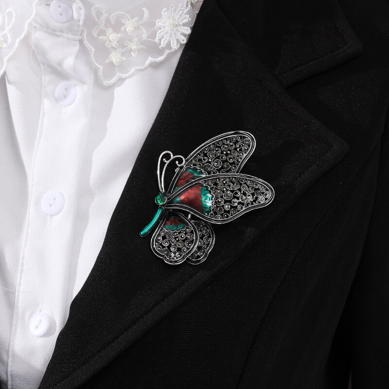 Moda preto grande borboleta broche de cristal inseto pino personalidade feminina