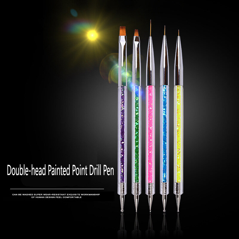 5pcs 2 Side UV Gel Acrylic Drawing Painting Liner Flower Brush Nail Art Dotting Pen Manicure Tools Decoration Rhinestone Crystal