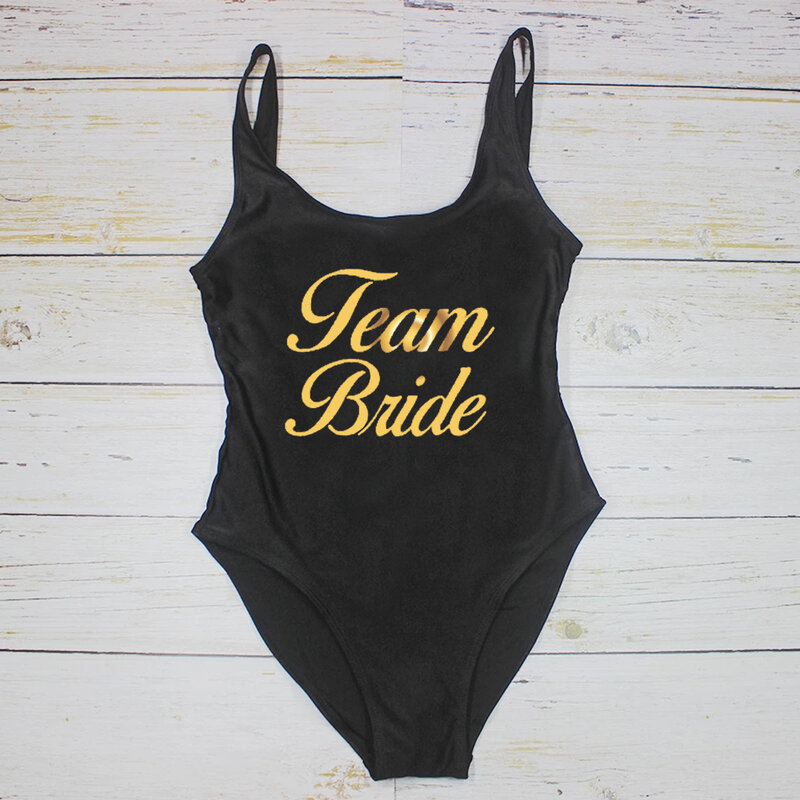 Team Bride One Piece Swimsuit With High Cut And Low Back For Women Bathing Suits Gold Print Women's Swimsuit Beach Swimwear 2021