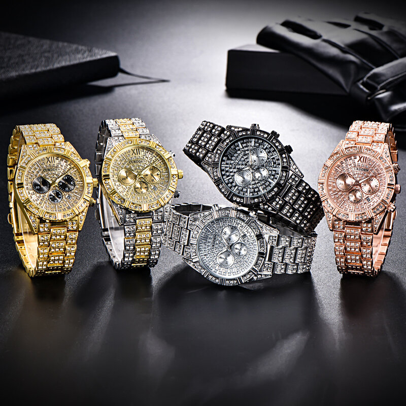 Relógio masculino luxuoso de aço inoxidável, relógio de pulso, estilo hip hop, marca famosa de luxo, dourado