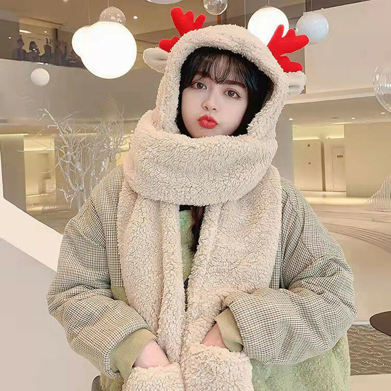 2021 New Christmas Antlers Hat All-Match Scarf Gloves Three-Piece Suit Female Winter Cute Plush Thick Warm Scarf Winter Travel