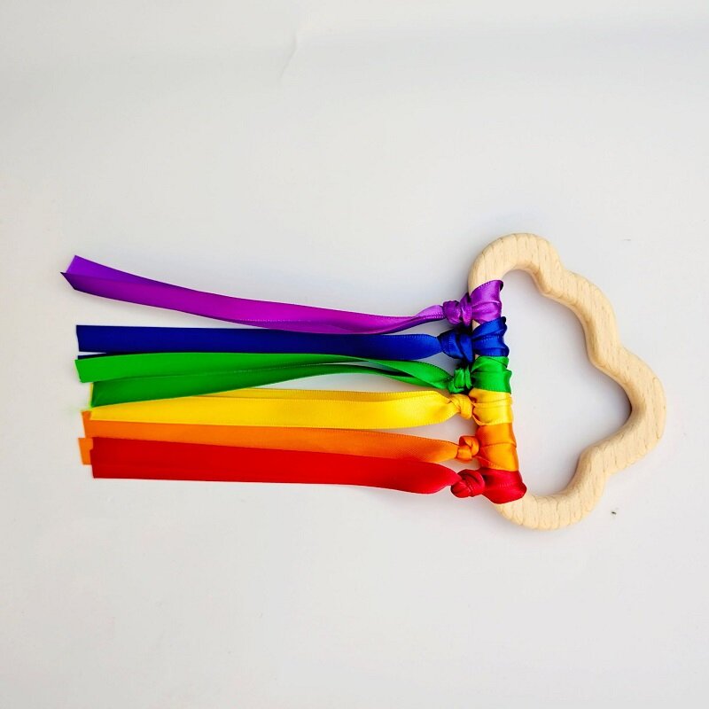 Montessori Style Sensory Toy BPA-free Non-toxic Baby Ribbon Wooden Ring Newborns Upwards Develop Colour Recognition Sensory Toy