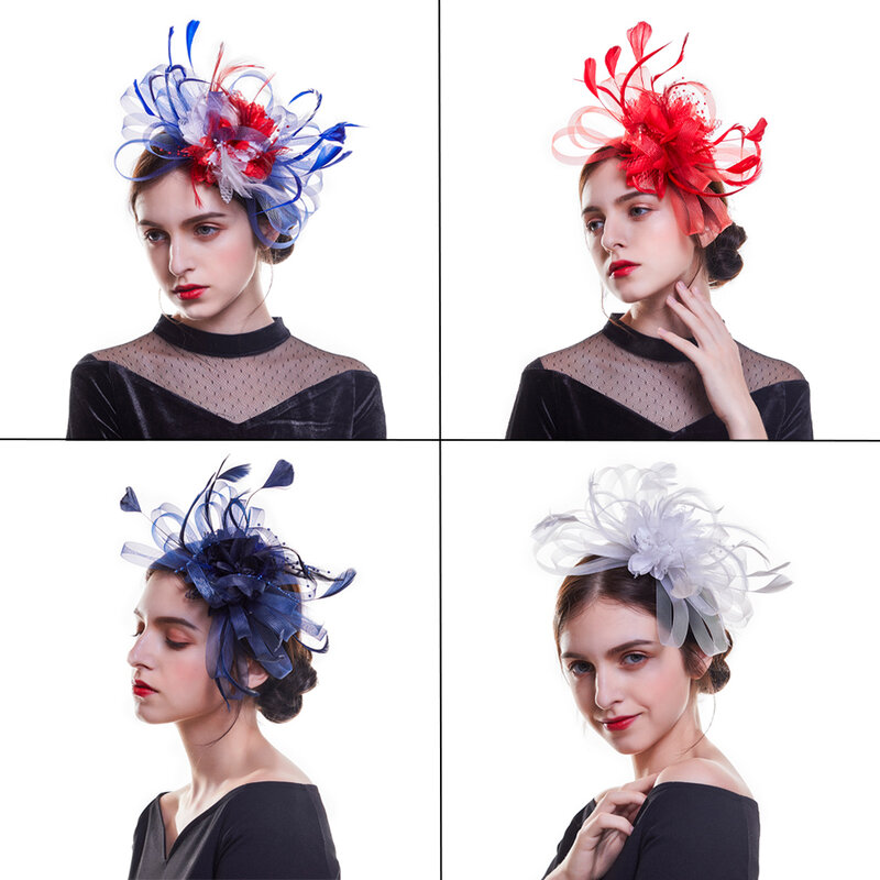 Molans donna elegante Fascinator cappello fermagli per capelli fiore piuma maglia filato Cocktail Party accessori per capelli da sposa