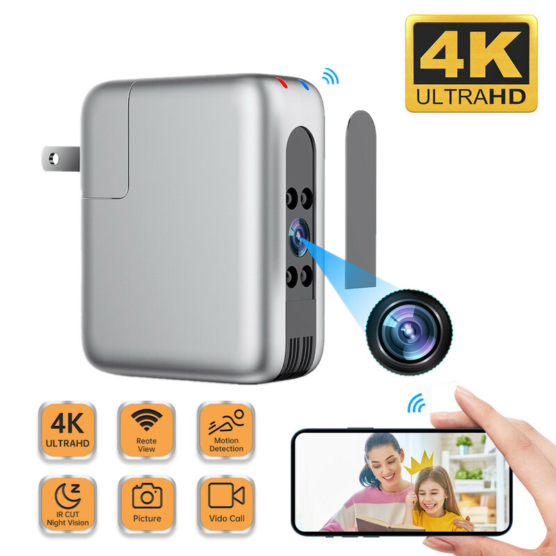 Kamera Mini HD 4K Wifi Espia Pengisi Daya USB Kamera Mikro Pengawasan Keamanan Penglihatan Malam Kamera Deteksi Jarak Jauh Gerakan Kamera IP