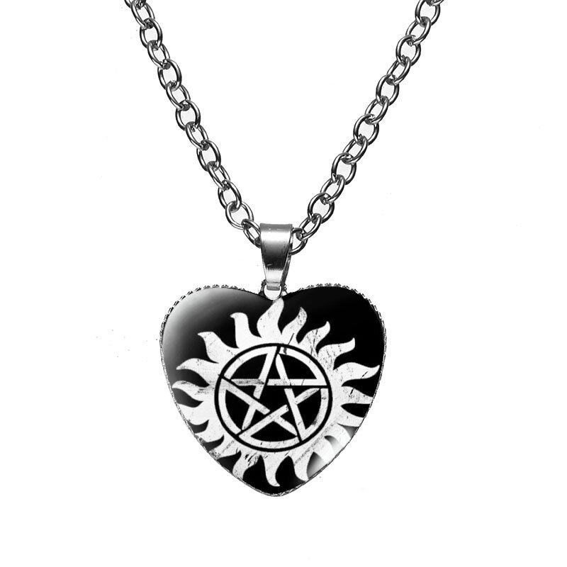 Supernatural Winchester Brother Devil Pentagram Necklace TV Cartoon Pattern Heart Pendant Glass Men Metal Chain Necklace Jewelry
