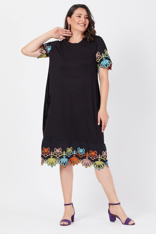 Plus Size Black Sleeves and Skirt Type Embroidered Dress