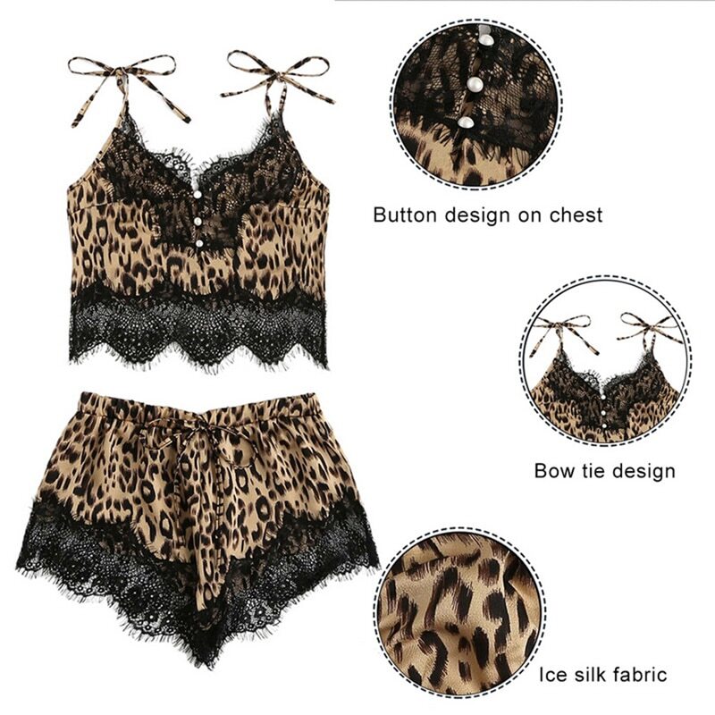 Conjunto de pijama Sexy con estampado de leopardo y encaje para mujer, a la moda ropa interior femenina, pantalones cortos informales con tirantes, 2021