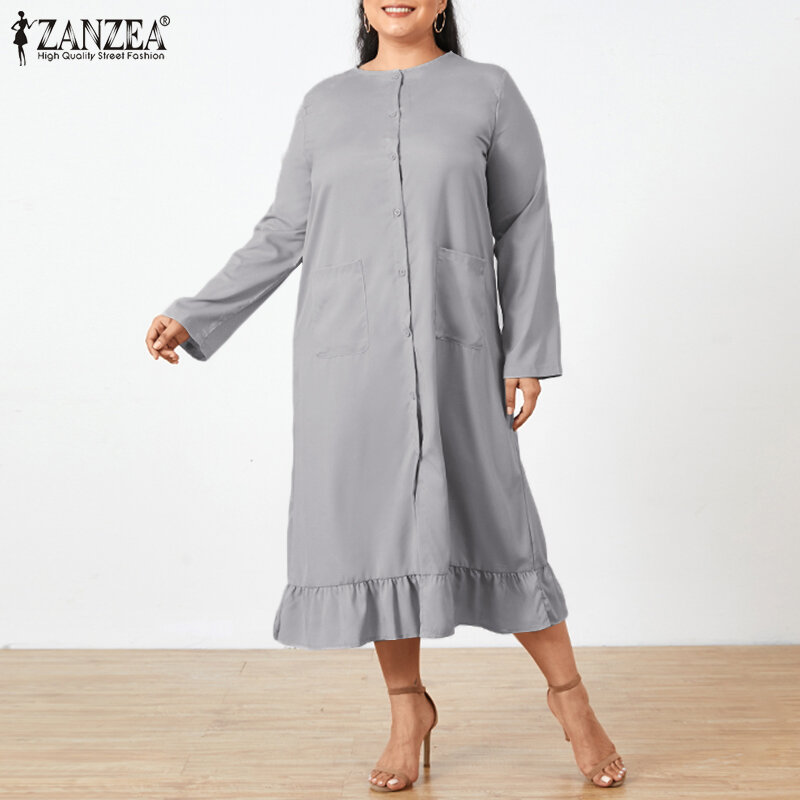 2022 Stylish Women Long Sleeve O Neck Sundress ZANZEA Casual Solid Ruffle Shirt Dress Oversized Holiday Female Plus Size Robe