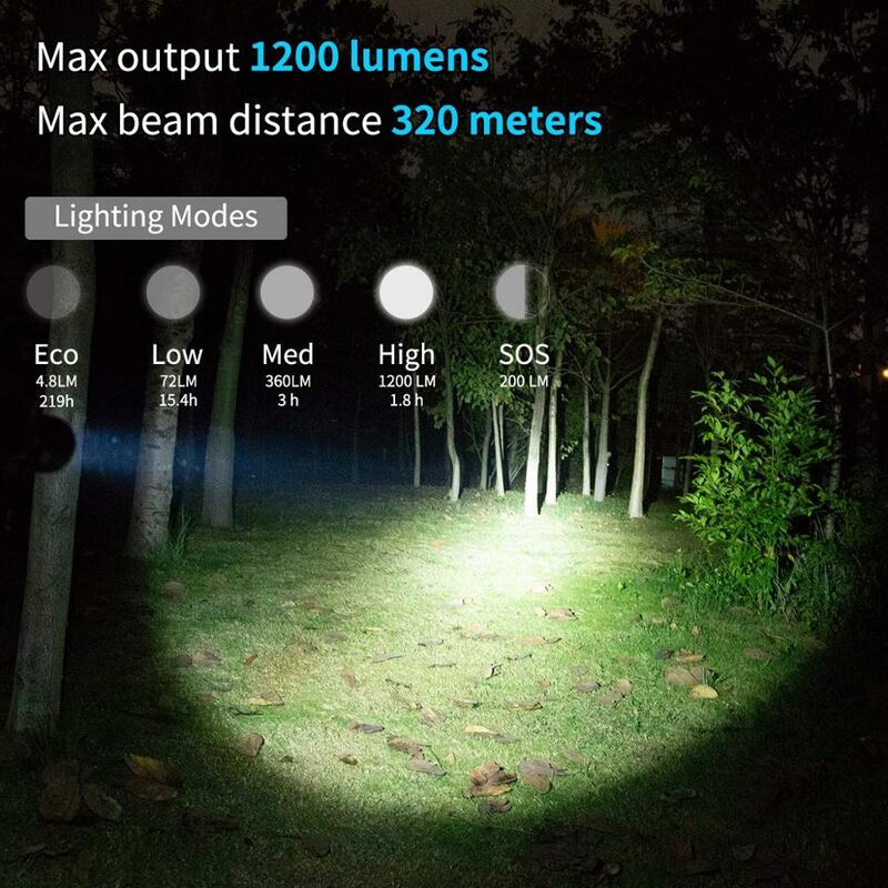 Wuben l60 lanterna led recarregável com zoom usb, 1200 lúmens, bateria de 18650, ip68, led à prova d'água, 5 modos de iluminação para acampamento