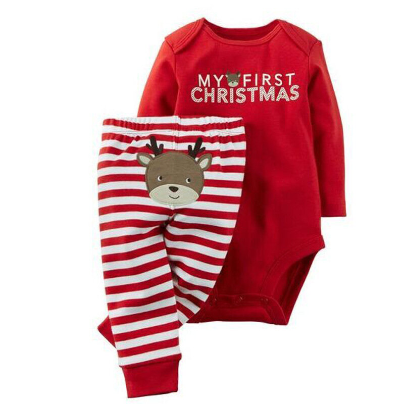 2020クリスマス新生児ボーイズ · ガールズのクリスマスロンパースストライプ長ズボンの服衣装セット赤オーバーオール幼児クリスマスパジャマ