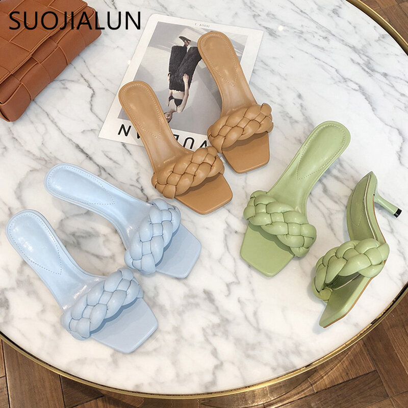 SUOJIALUN 2020 새로운 디자인 직조 여성 슬리퍼 숙녀 얇은 하이힐 샌들 오픈 발가락 슬립 여름 야외 슬라이드 플립 플롭 신발