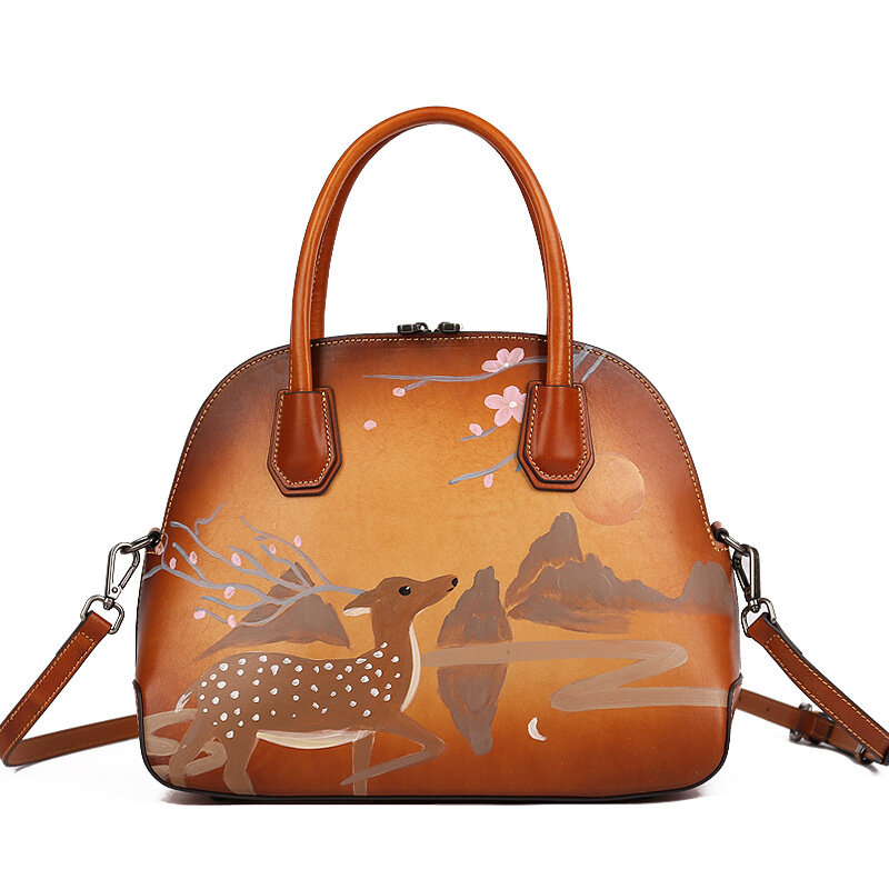 女性用レザーハンドバッグ,新しいコレクション2021,革製,手描き,クリスマスの鹿の頭