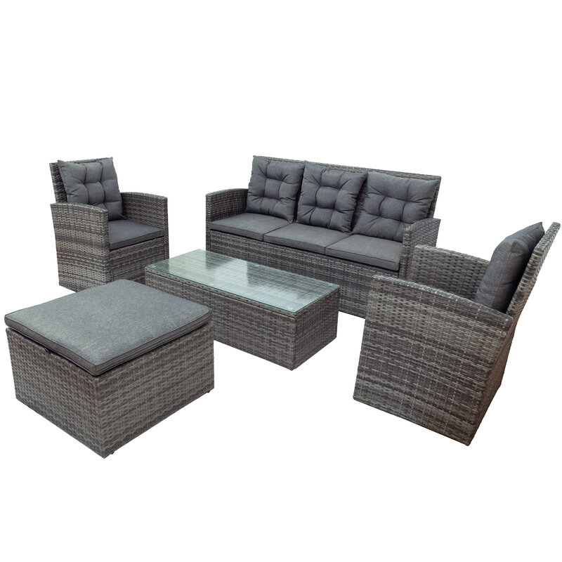 Conjunto de móveis de pátio de vime secional sofá jardim conjunto macio 5 peças ao ar livre móveis com banco de armazenamento sofá ao lado da piscina