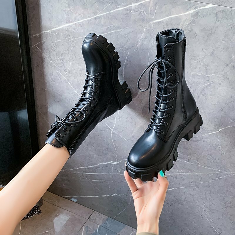 Women's Martens Boots PU Leather White Ankle Boots Autumn Winter Motorcycle Boots Fashion Female  Chunky Heel Platform Boots