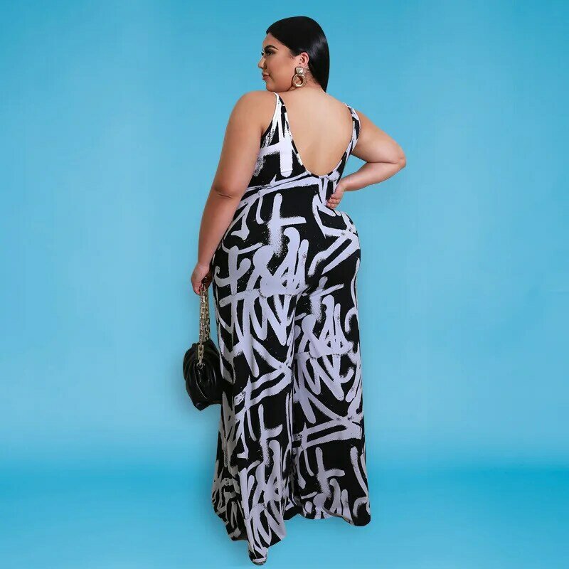 ChocoMisty-LadyPlus-vestidos de talla grande con estampado de grafiti, mono con tirantes y Espalda descubierta, A149