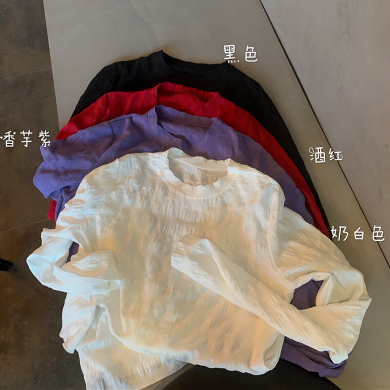 Spring 2020 New Korean Style Pleated Pure Color All-Matching Bottoming Shirt Top Internet Celebrity Loose Long Sleeve Sun