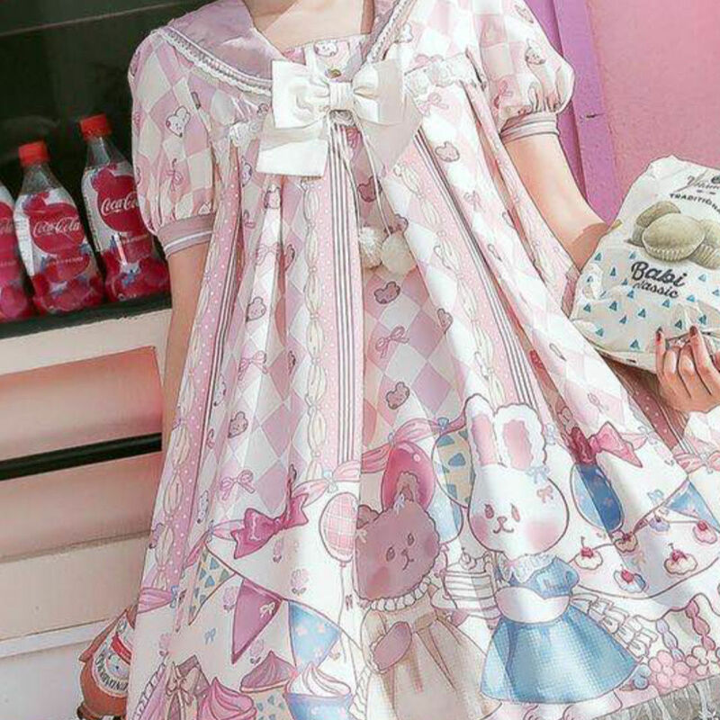 Kawaii japanische Lolita Vintage Kleid Hase Druck Lolita Kleid Frauen weichen Mädchen Stil niedlichen Prinzessin Spitze Kleid niedlichen Party kleid