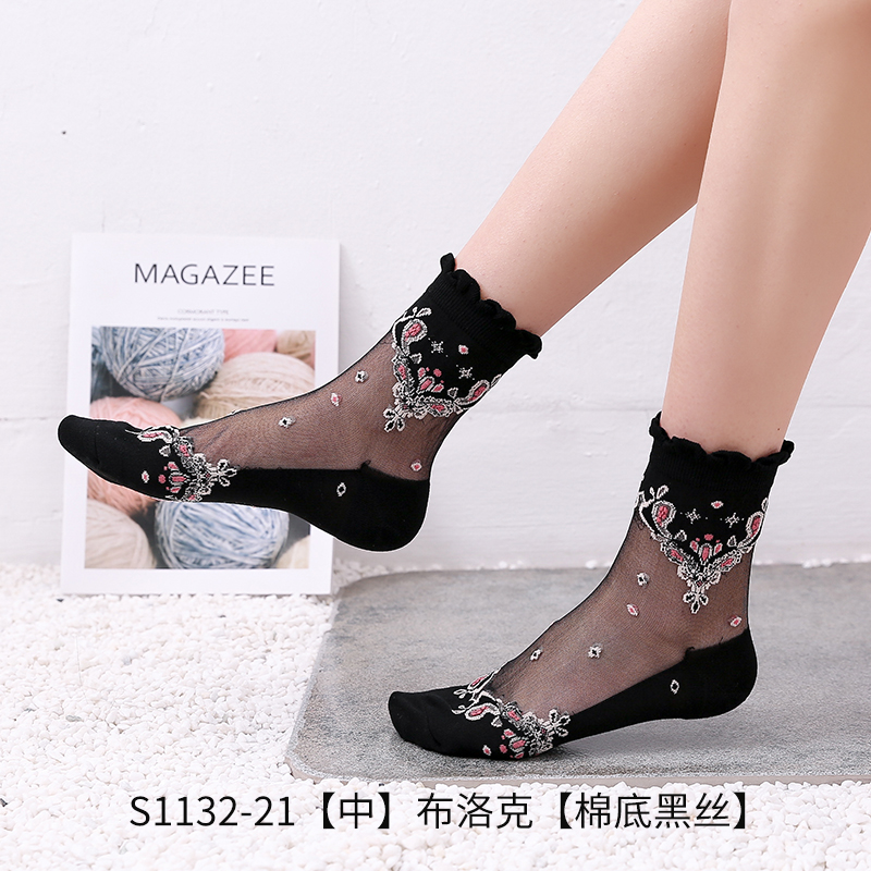 Hyrax meias femininas bordadas flores meias, novas meias de verão para mulheres transparente renda floral meias de meias de meias