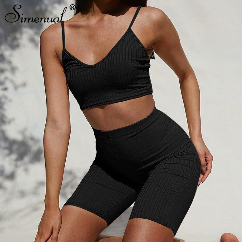 Simenual Ribbed Bodycon Club Women Two Piece Sets Strap Sleeveless Solid Crop Top And Biker Shorts Set Casual Fashion Outfits