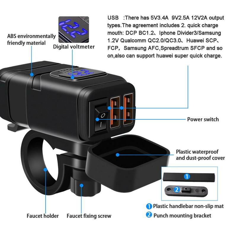 Зарядное устройство WUPP, водонепроницаемое, USB, 12 В, для двух телефонов, быстрая зарядка 3,0, переключатель вольтметра, мото аксессуар