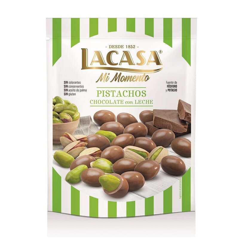 Lacasa – sac de pistaches au chocolat Mi Momento mi lk, 100 grammes, source de phosphore et de potassium sans conservateurs, huile de palme sans gluten