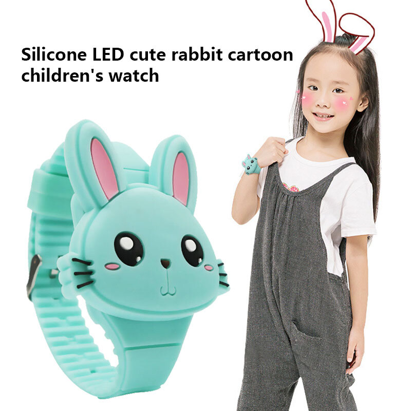 1 Pcs 어린이 LED 전자 시계 실리콘 밴드 만화 토끼 플립 케이스 손목 시계 사랑스러운 선물 NYZ 가게
