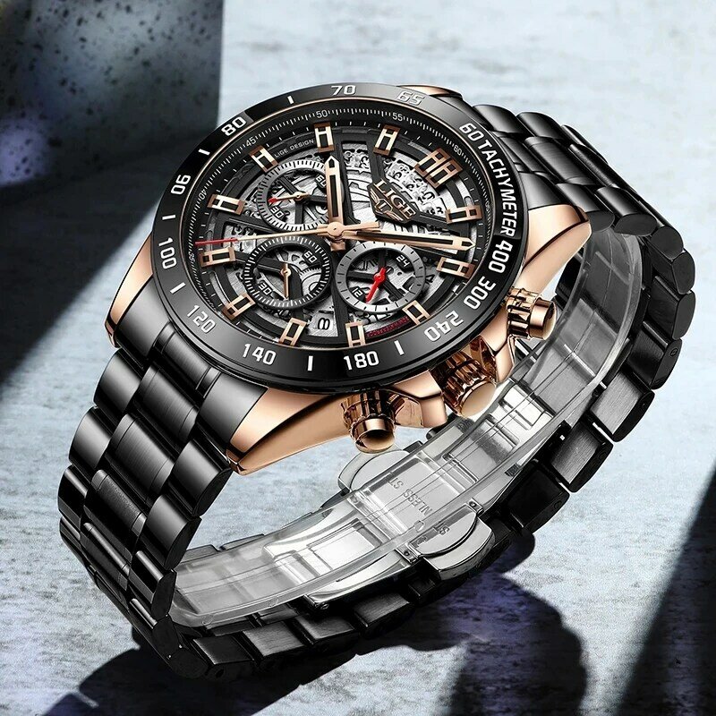 LIGE męskie zegarki Top marka luksusowe ze stali nierdzewnej niebieski Hollow wodoodporny zegarek kwarcowy mężczyźni moda Chronograph mężczyźni zegarki sportowe