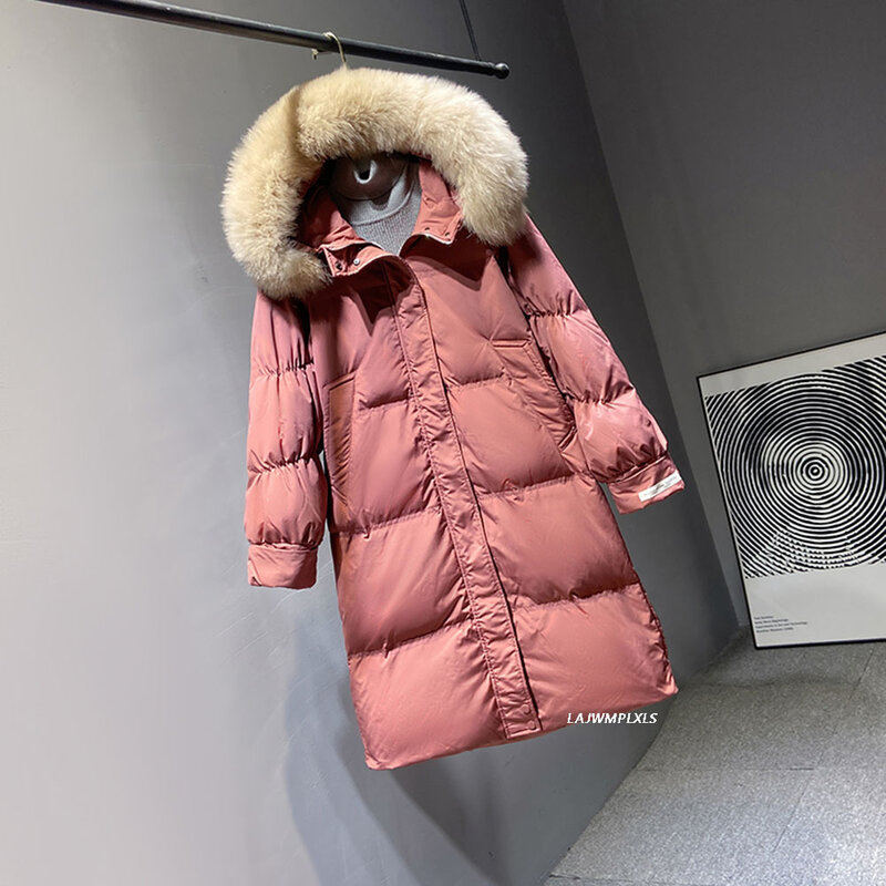 2021 grandes de invierno de piel Real con capucha chaqueta con capucha nueva mujeres 90% de pato largo abrigo cálido nieve prendas de vestir cuerno botón suelto Parkas