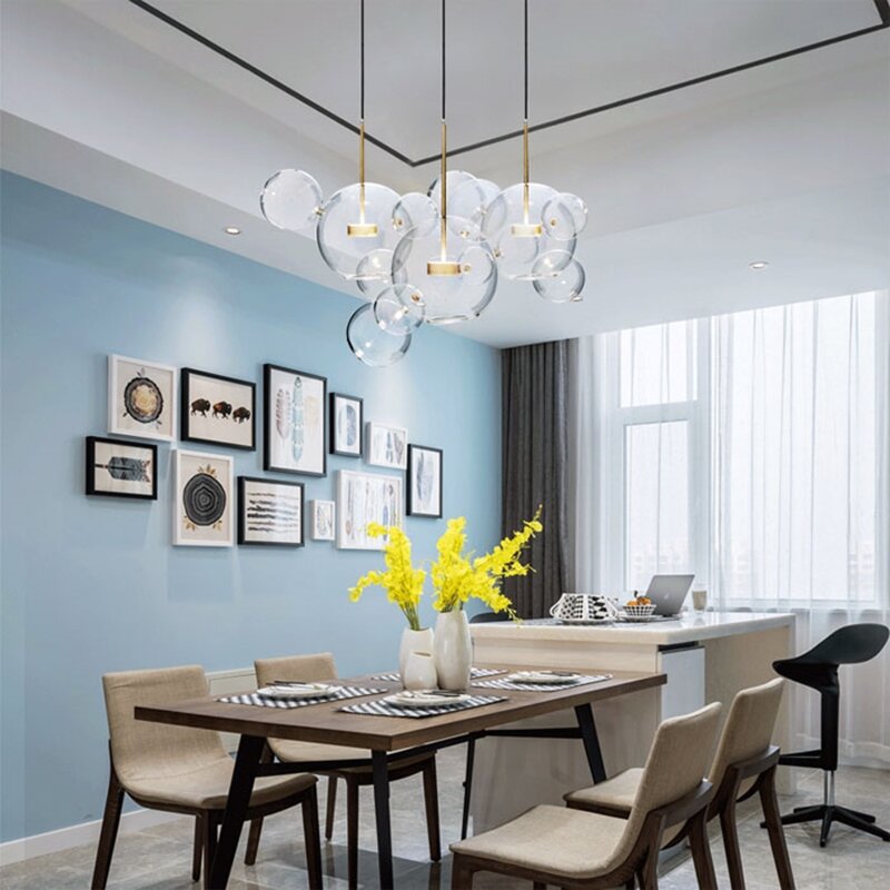 Lámpara colgante de burbujas pelota LED moderna para sala de estar, Luminaria transparente con brillo de cristal para decoración de restaurante y dormitorio