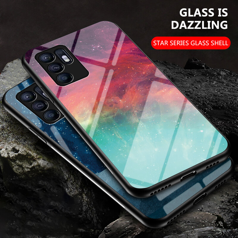 Painted Glass Phone Case For  OPPO RENO6PRO 2Z ACE RENO4PRO RENO5PRO PLUS FindX3Neo Protective Case starry sky Luxury TPU Funda