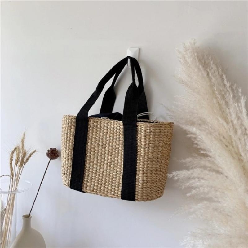 Boêmio preto listrado palha feminina bolsa artesanal palha cesta tote sacos para mulheres verão praia tecido bolsa de ombro feminina