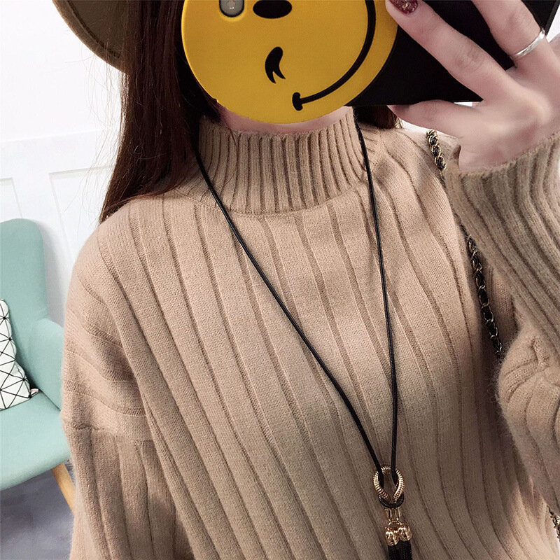 QRWR 2020 Autumn Winter Sweater Women Fashion Casual Solid Color Long Sleeve Pullover Sweater Elegant Lantern Sleeve Turtleneck
