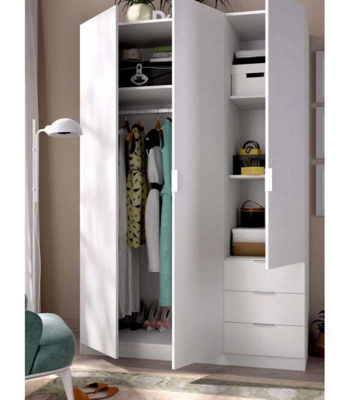 Wardrobe closet 3 doors 3 folding drawers 121 cm wide