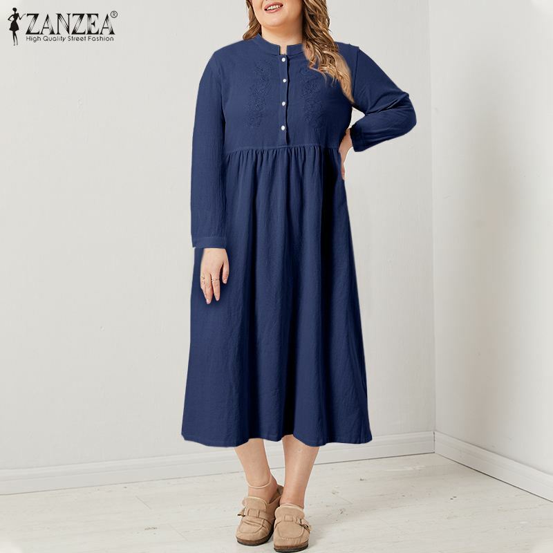 ZANZEA – Robe mi-longue en coton, grande taille, Vintage, motif Floral, broderie, manches longues, boutons décontractés, fête, automne