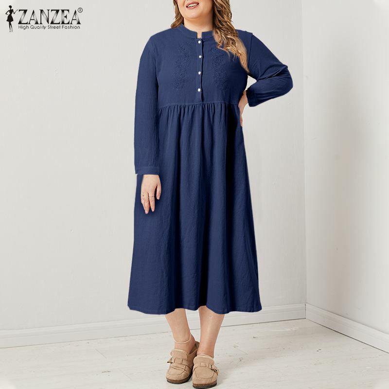 Mais tamanho zanzea vintage outono floral bordado vestido de verão feminino manga longa algodão robe botões casuais festa midi vestido