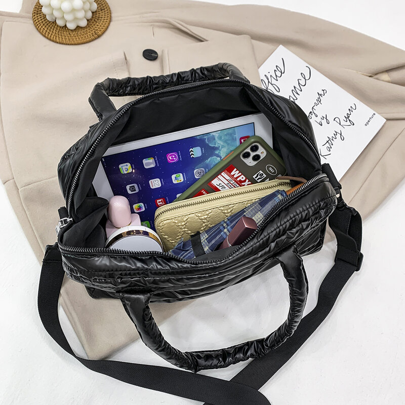 Модная стеганая нейлоновая сумка-мессенджер с хлопковой подкладкой, Женская вместительная сумка на плечо, однотонные дизайнерские сумки на молнии с верхними ручками