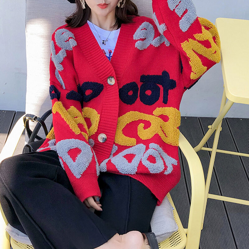 Cardigan avec lettres imprimées pour femmes, manteau tricoté rouge, épais et chaud, vêtement d'extérieur tricoté coréen, vêtement d'hiver, décontracté, muj, collection 2019