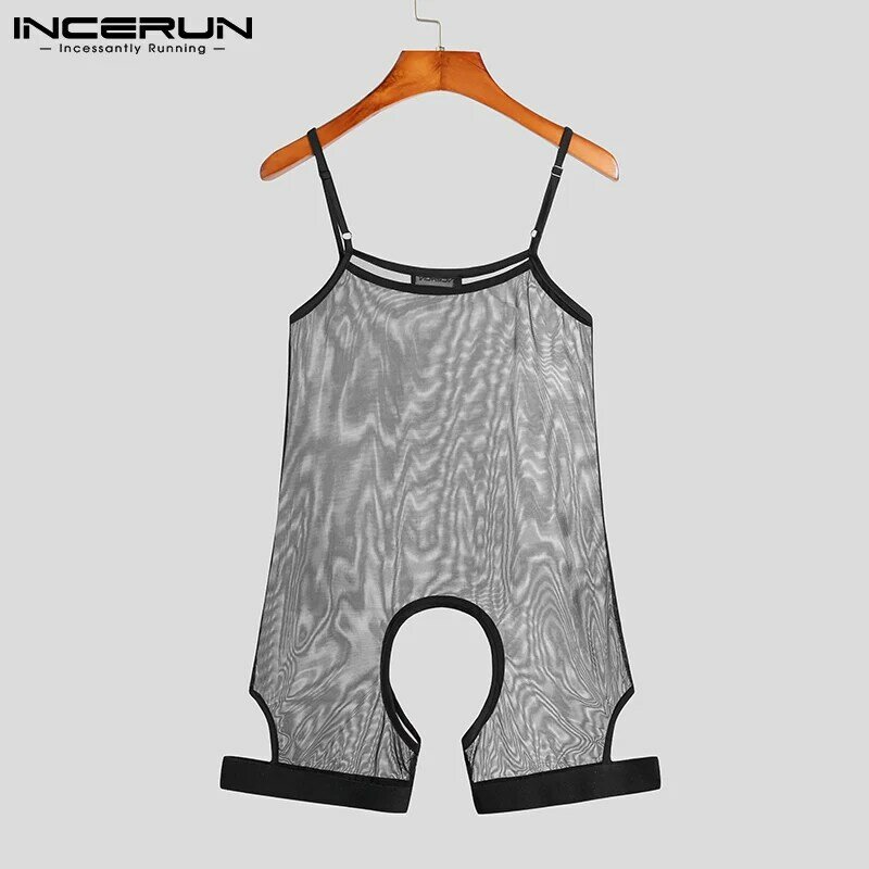 Mannen Pyjama Rompertjes Mouwloos Mesh See Through Homewear Jarretel Playsuits Sexy Ademend Hollow Out Body S-5XL Incerun