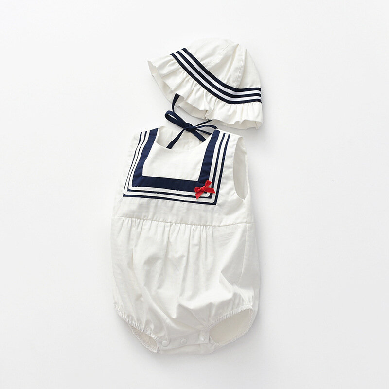 Paoke kidswear wear novo sem mangas novo terno de escalada no verão 2021, estilo azul marinho com capuz saco do bebê peidar terno