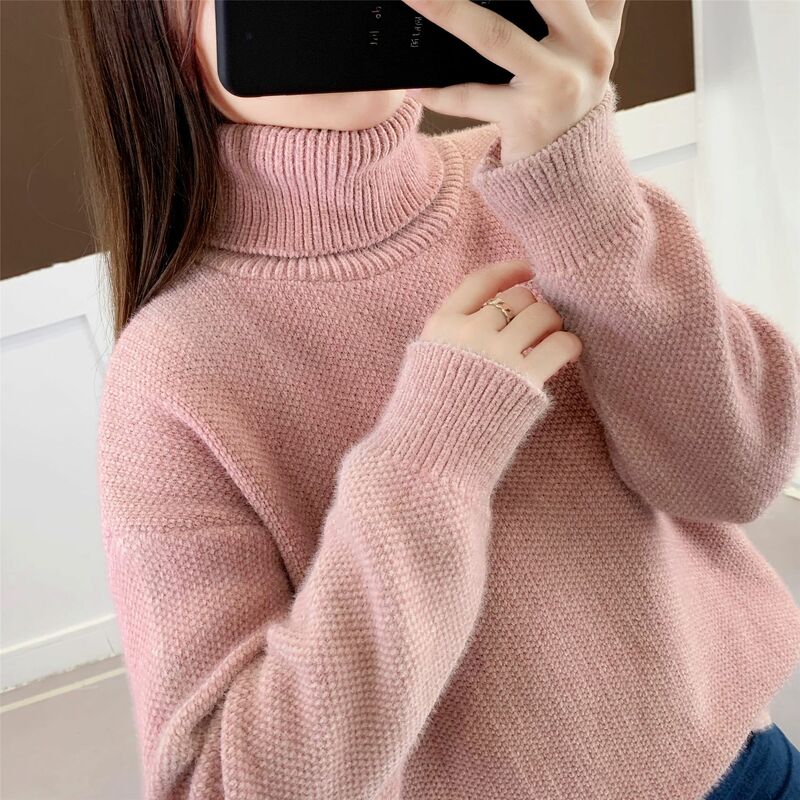 Autumn and winter women's high collar solid color knit long sleeve sweater Harajuku fashion versatile warm bottom sweater tops