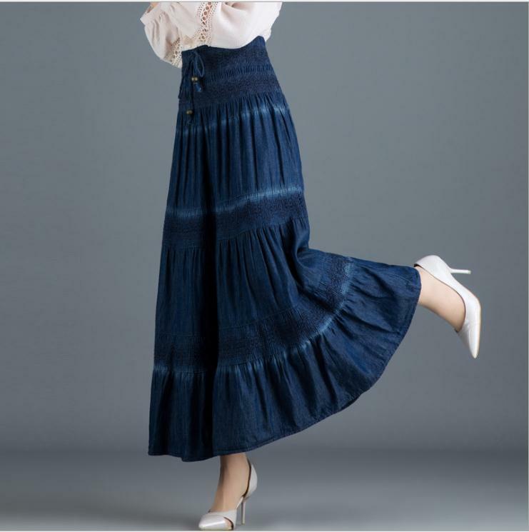 Nova primavera verão mulheres denim saia estilos nacionais elástico cintura alta plissado maxi saias moda feminina calças de brim longo saias k1248