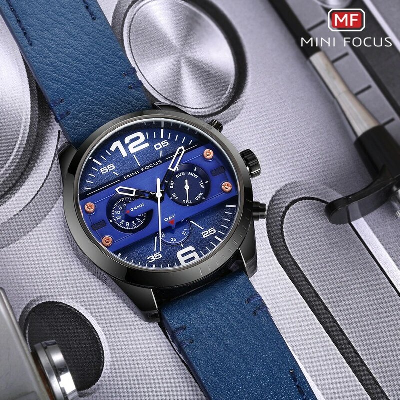 Mini Focus Waterdichte Sport Horloges Voor Mannen Quartz Klok Chronograaf 3 Sub Wijzerplaten Grote Case Lederen Band Casual Polshorloge mannelijke