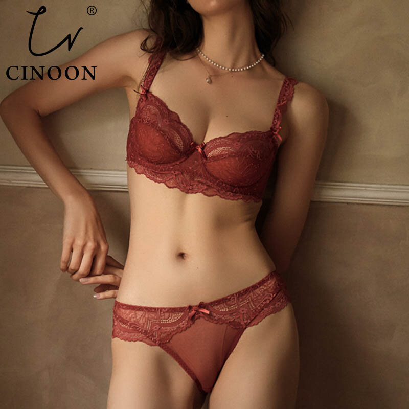 CINOON New Plus Size Bra Set Push Up Bras and Panty Set Embroidery Underwire Lingerie Set Ultrathin Underwear Set Sexy Lace Bra