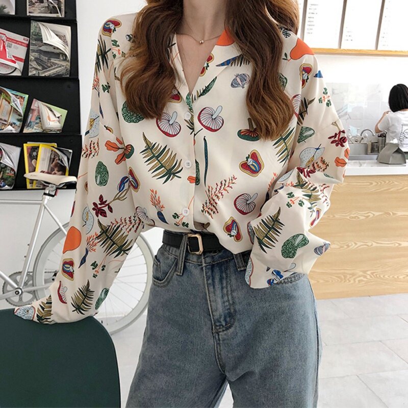 Jlong Summer Harajuku camicetta da donna con Graffiti stampato colletto rovesciato camicie top camicette top Streetwear